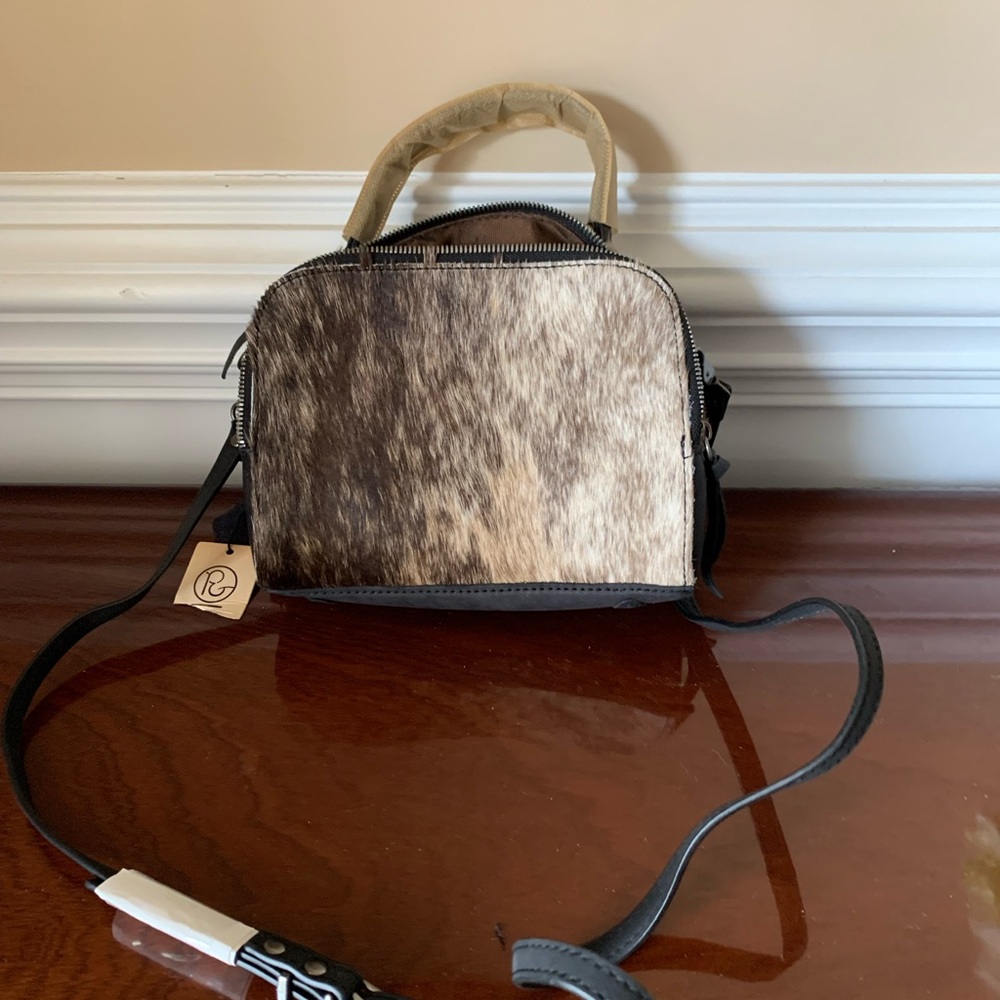 Genuine leather & calf hair handbag- black & brown- NWT